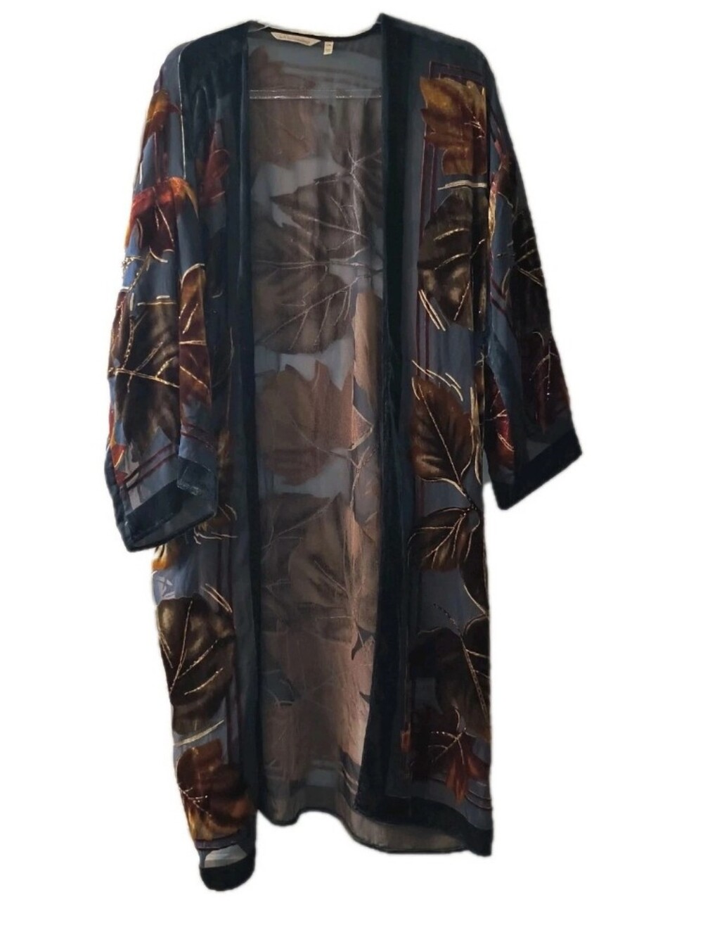 Soft Surroundings Duster Cardigan Womens L XL Velvet Burnout Beaded Sheer Kimono - Picture 2 of 8